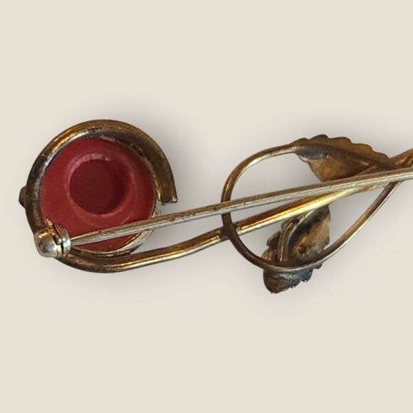 Vintage Antique Gold Metal Rose Flower Brooch Pin with Red Dimensional Bloom - Picture 3 of 11